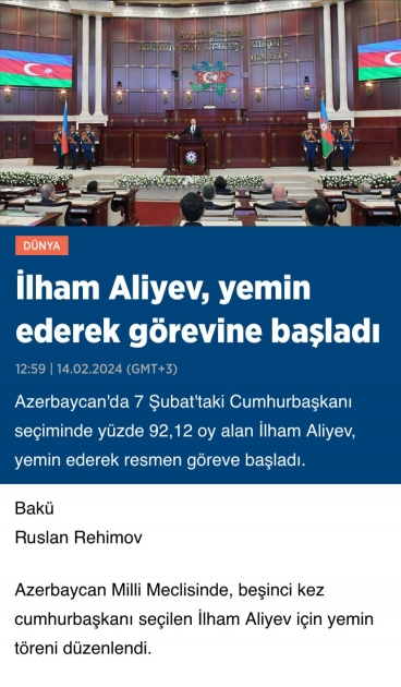 Türkiyə mediası Prezident İlham Əliyevin andiçmə mərasimindəki nitqində söylədiyi fikirlərə geniş yer ayırıb