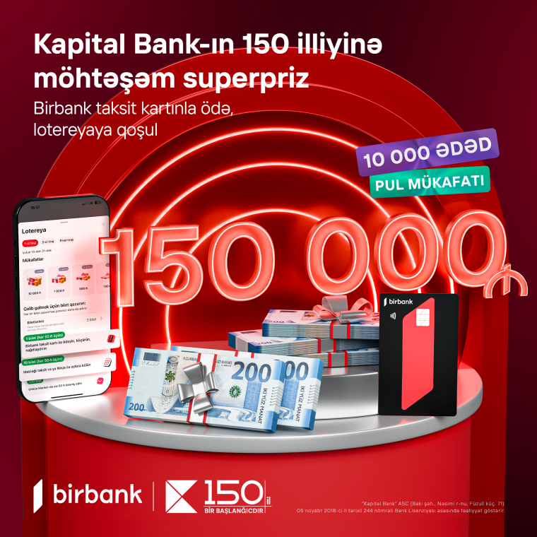 Birbank taksit kartı sahibləri 150 000 AZN qazana bilərlər