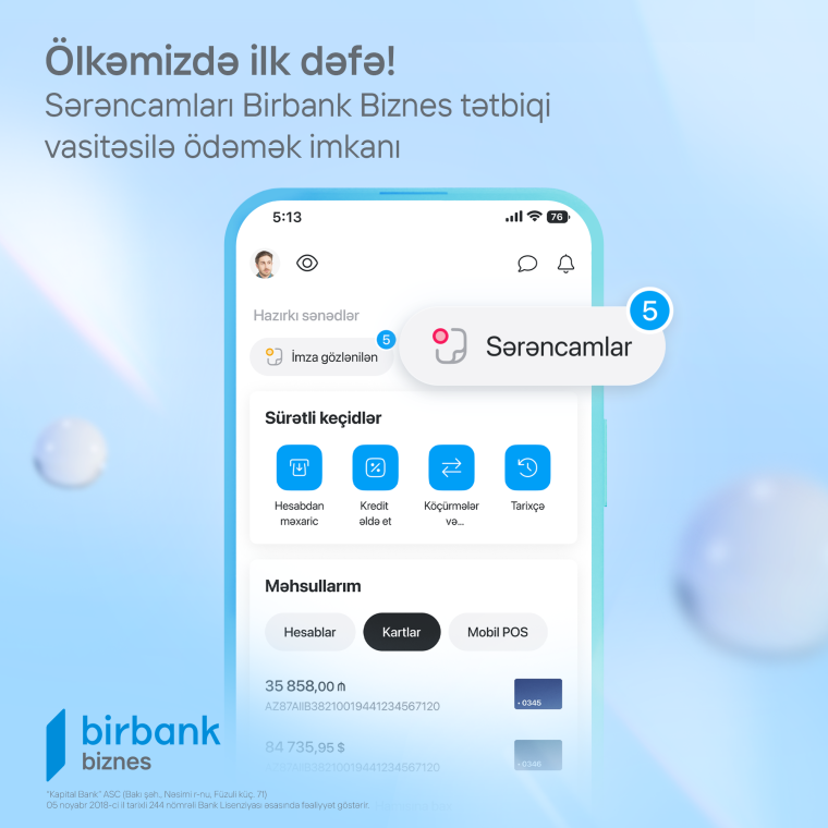 Birbank Biznes-dən daha bir yenilik: sərəncam ödənişləri ölkədə ilk dəfə mobil tətbiqdə