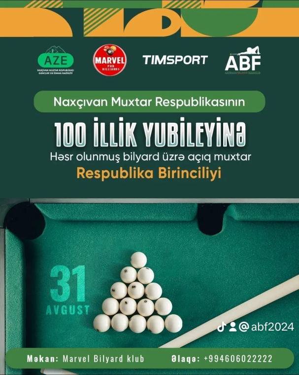 100 illik yubileyi münasibətilə Naxçıvanda bilyard üzrə muxtar respublika birinciliyi keçiriləcək