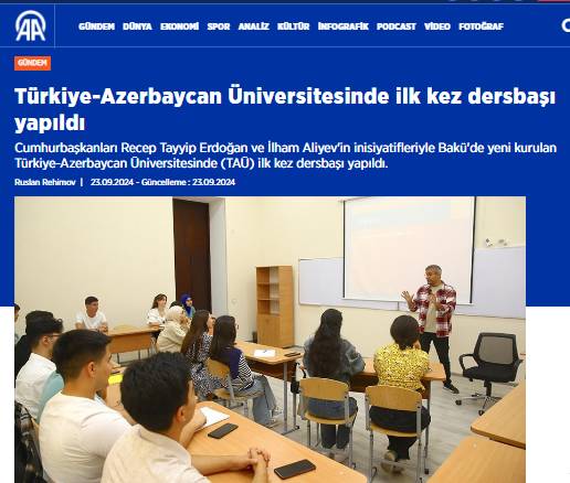 Anadolu Agentliyi: "Türkiyə-Azərbaycan Universitetində ilk dərslər başladı"