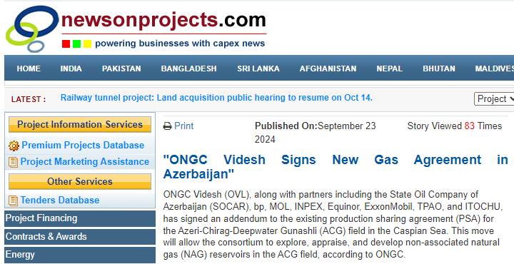 "ONGC Videsh" Azərbaycanda yeni qaz sazişi imzalayıb