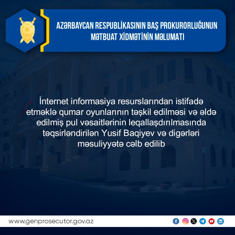 İnternet informasiya resurslarından istifadə etməklə qumar oyunlarının təşkil edilməsi və əldə edilmiş pul vəsaitlərinin leqallaşdırılmasında təqsirləndirilən şəxslər məsuliyyətə cəlb edilib