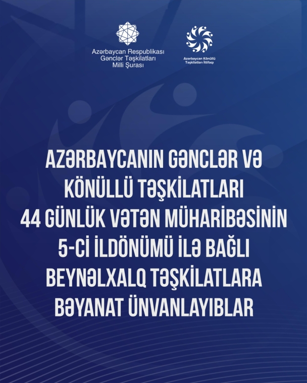 Ölkənin gənclər və könüllü təşkilatları 44 günlük Vətən müharibəsinin 5-ci ildönümü ilə bağlı beynəlxalq təşkilatlara bəyanat ünvanlayıblar